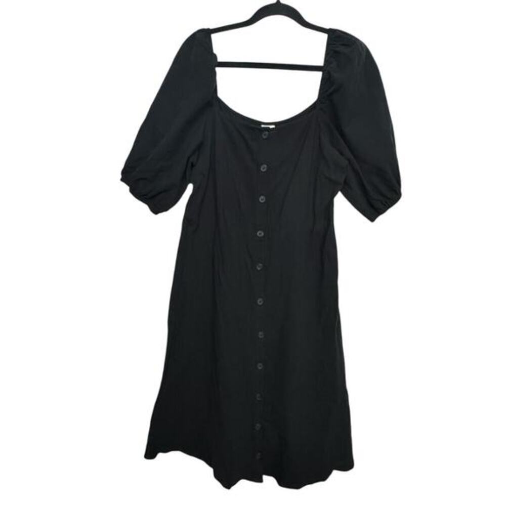 H&M Women's Black Puff Sleeve Button‎ Front Midi Dress Size Medium 100% Cotton